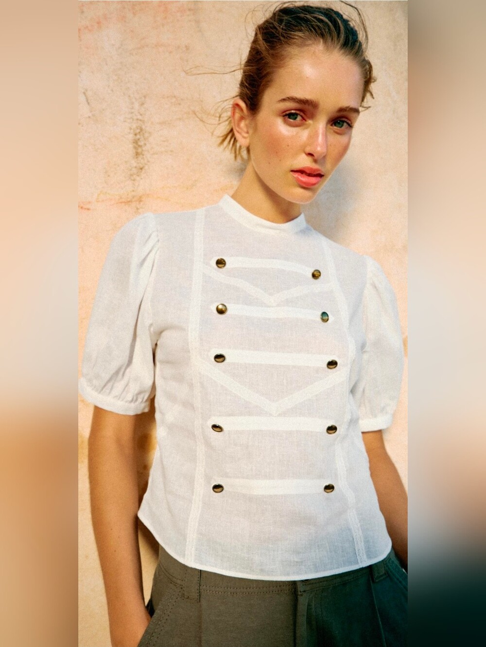 Sz XS Zara PUFF SLEEVE SHIRT WITH BUTTON DETAILS New